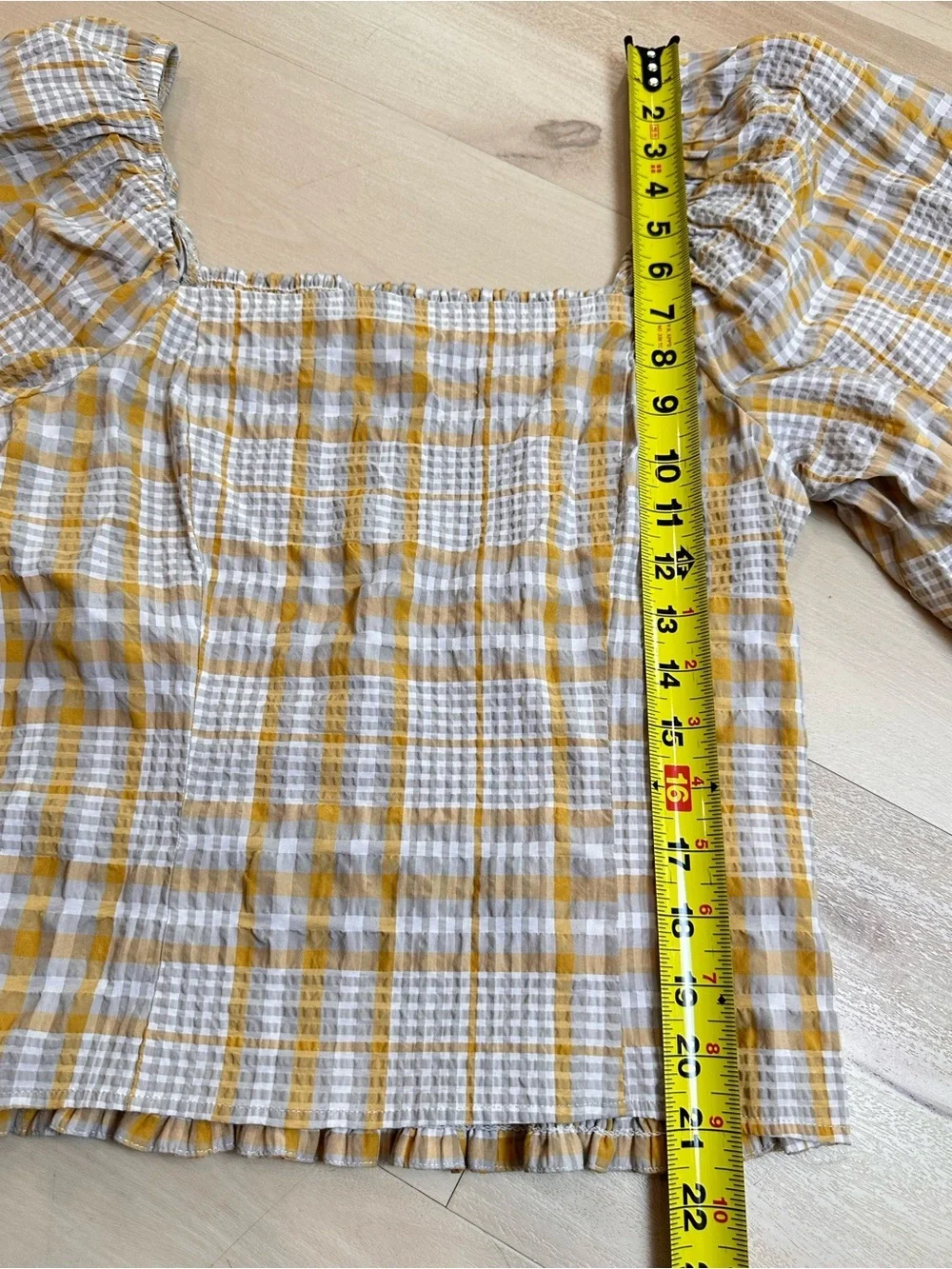Anthropologie Maeve Plaid Square-Neck Blouse Sz M puff sleeves Casual Travel